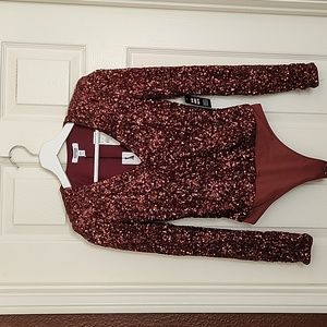 Express XS Burgundy Sequin Deep V Neck Bodysuit